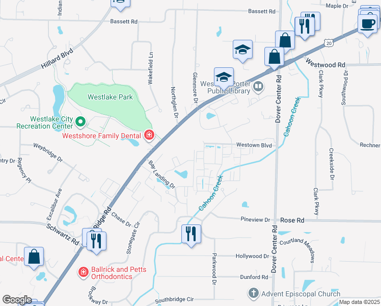map of restaurants, bars, coffee shops, grocery stores, and more near 2880 North Bay Drive in Westlake