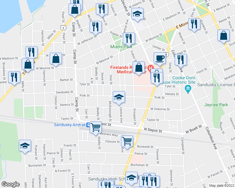 map of restaurants, bars, coffee shops, grocery stores, and more near 1401 Central Avenue in Sandusky