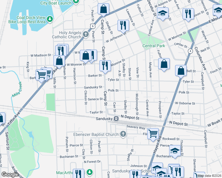 map of restaurants, bars, coffee shops, grocery stores, and more near 1405 Carr Street in Sandusky