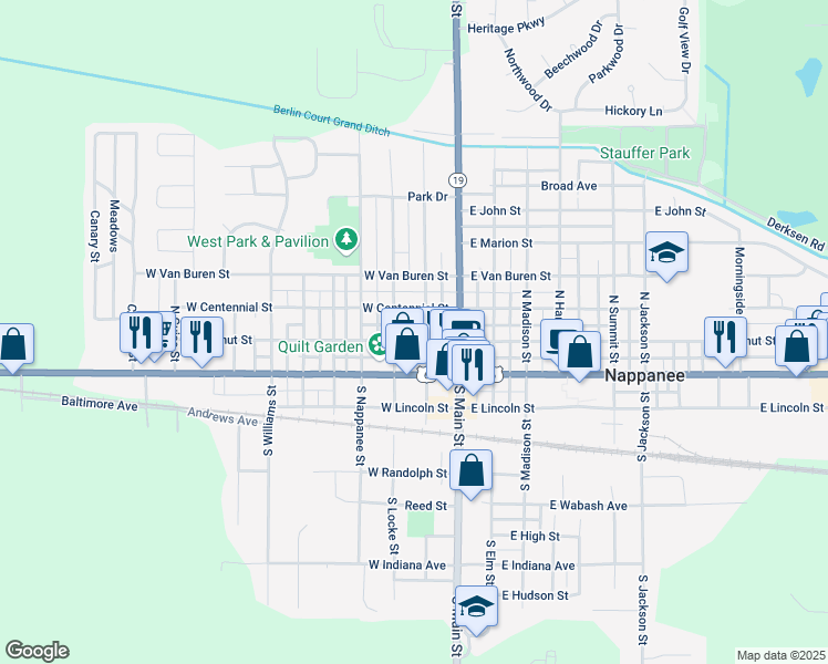 map of restaurants, bars, coffee shops, grocery stores, and more near 101-199 North Clark Street in Nappanee