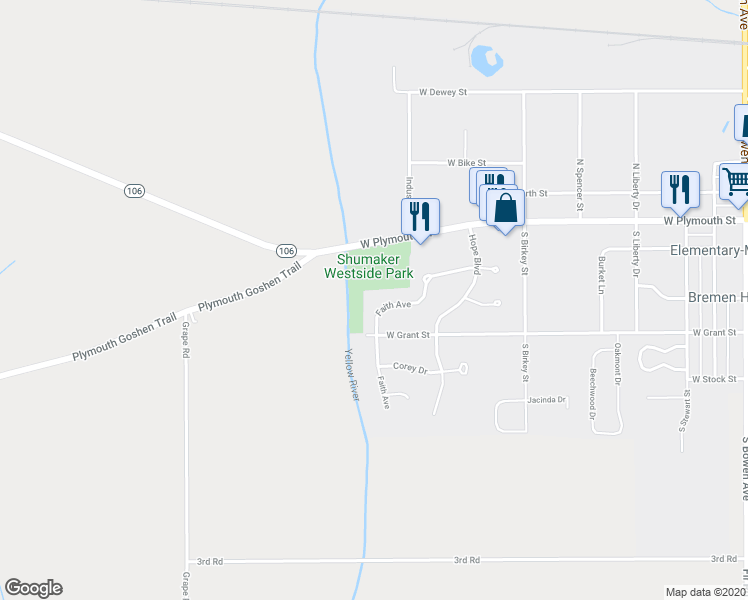 map of restaurants, bars, coffee shops, grocery stores, and more near 2015 Faith Avenue in Bremen