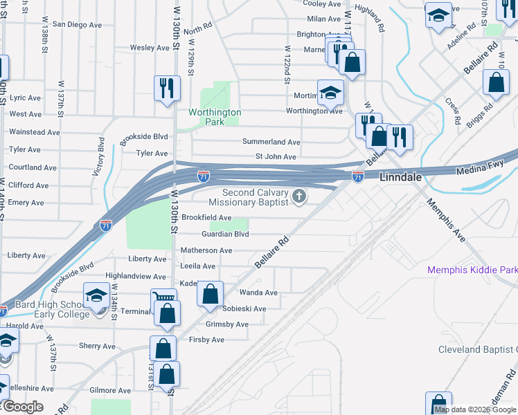 map of restaurants, bars, coffee shops, grocery stores, and more near 12308 Brookfield Avenue in Cleveland