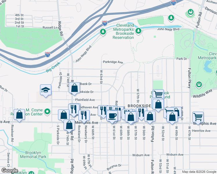 map of restaurants, bars, coffee shops, grocery stores, and more near 6222 Brookside Drive in Cleveland