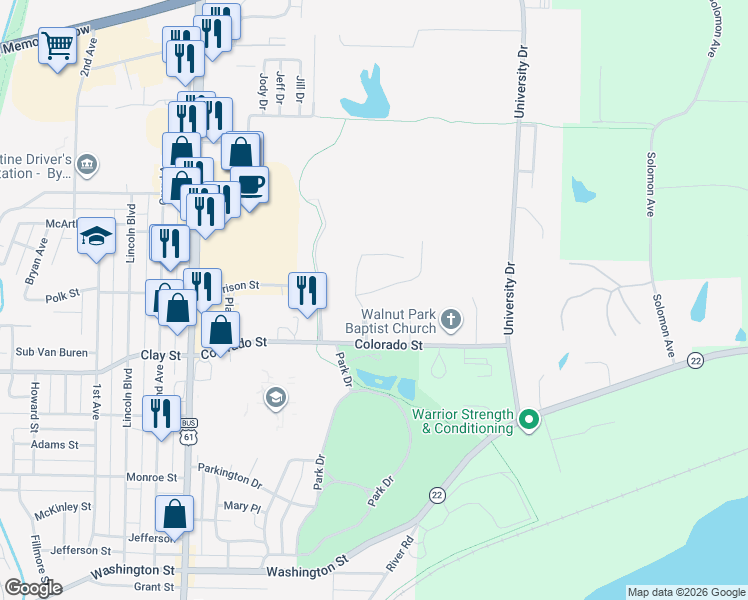 map of restaurants, bars, coffee shops, grocery stores, and more near 2236 Cobblestone Drive in Muscatine