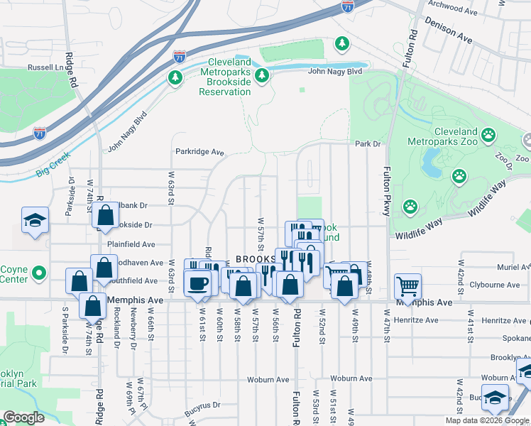 map of restaurants, bars, coffee shops, grocery stores, and more near 4158 West 57th Street in Cleveland