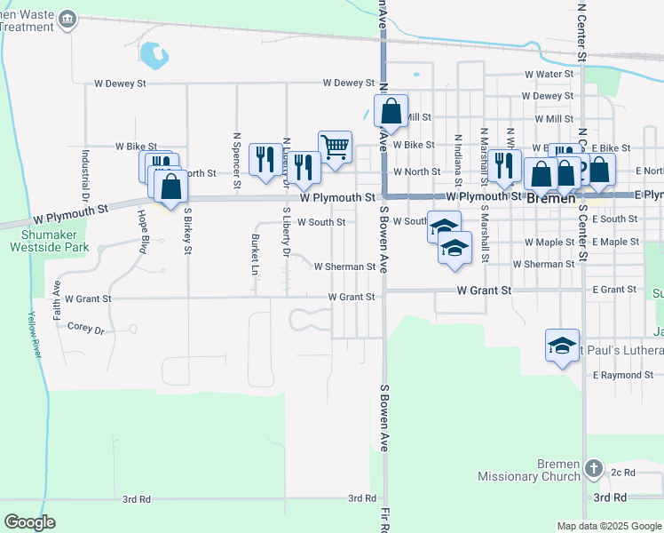 map of restaurants, bars, coffee shops, grocery stores, and more near 1100 West Sherman Street in Bremen