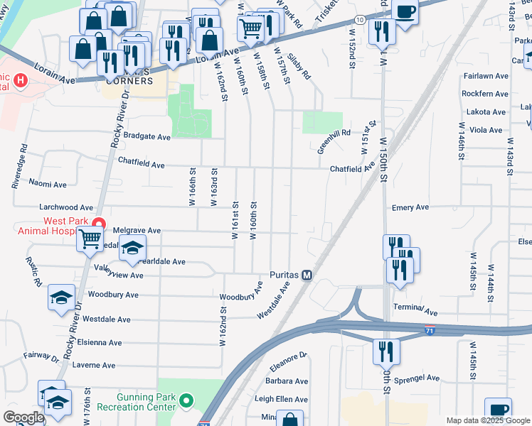 map of restaurants, bars, coffee shops, grocery stores, and more near 4084 West 158th Street in Cleveland