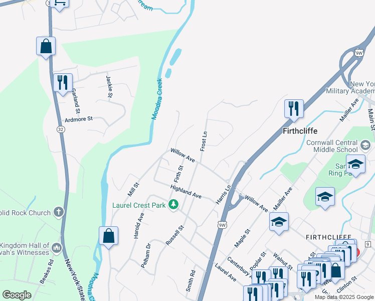 map of restaurants, bars, coffee shops, grocery stores, and more near 196 Willow Avenue in Cornwall
