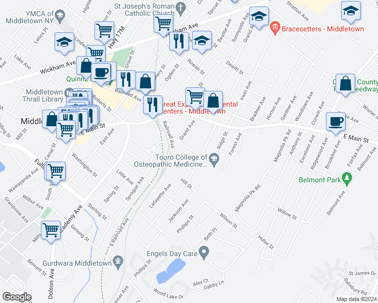 map of restaurants, bars, coffee shops, grocery stores, and more near 22 Myrtle Avenue in Middletown