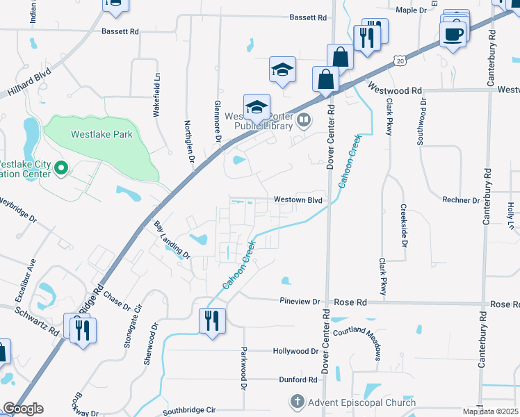 map of restaurants, bars, coffee shops, grocery stores, and more near 27373 Westown Boulevard in Westlake