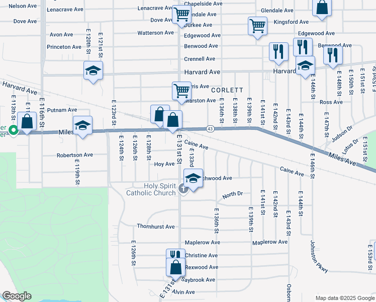 map of restaurants, bars, coffee shops, grocery stores, and more near 4263 East 131st Street in Cleveland