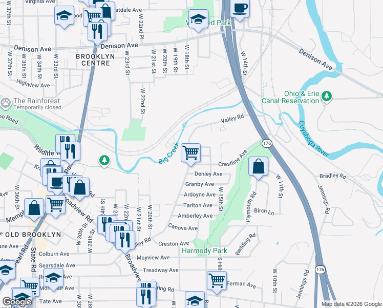 map of restaurants, bars, coffee shops, grocery stores, and more near 1628 Crestline Avenue in Cleveland