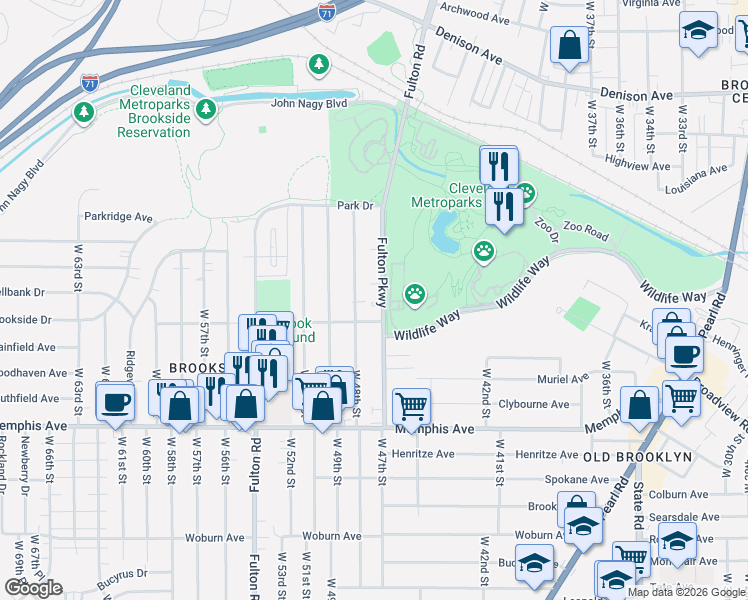 map of restaurants, bars, coffee shops, grocery stores, and more near 4156 Fulton Parkway in Cleveland