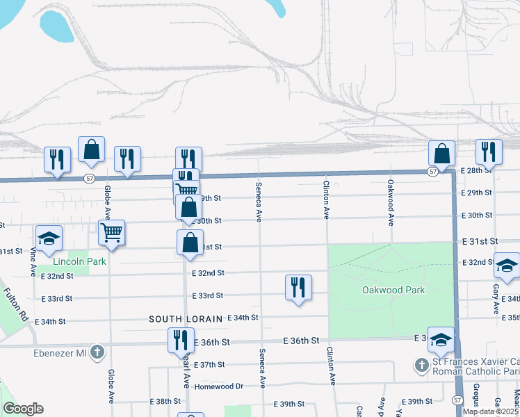 map of restaurants, bars, coffee shops, grocery stores, and more near 1897 East 30th Street in Lorain