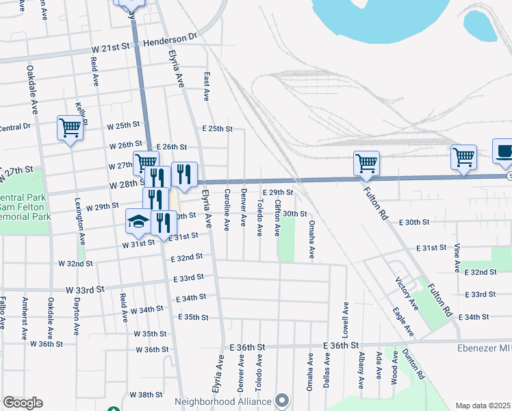 map of restaurants, bars, coffee shops, grocery stores, and more near 3019 Toledo Avenue in Lorain