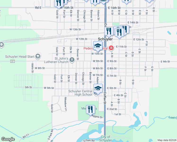map of restaurants, bars, coffee shops, grocery stores, and more near 350-398 West 7th Street in Schuyler