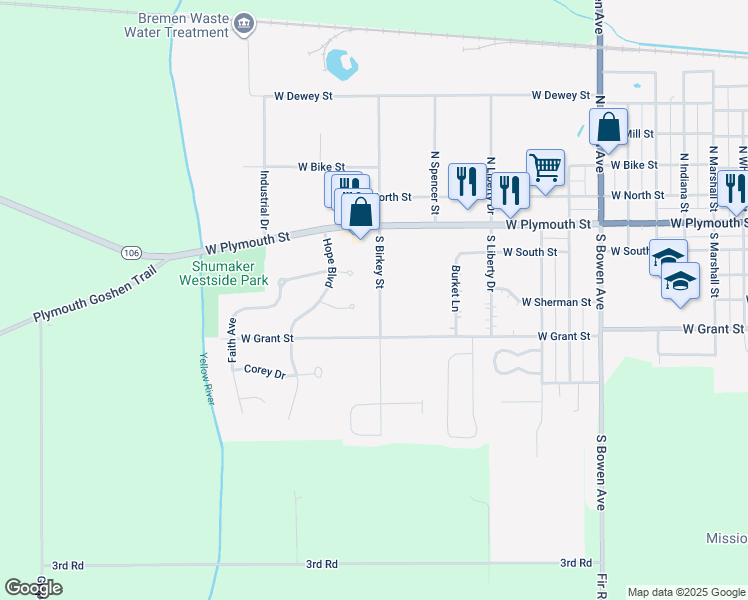 map of restaurants, bars, coffee shops, grocery stores, and more near 323 South Birkey Street in Bremen