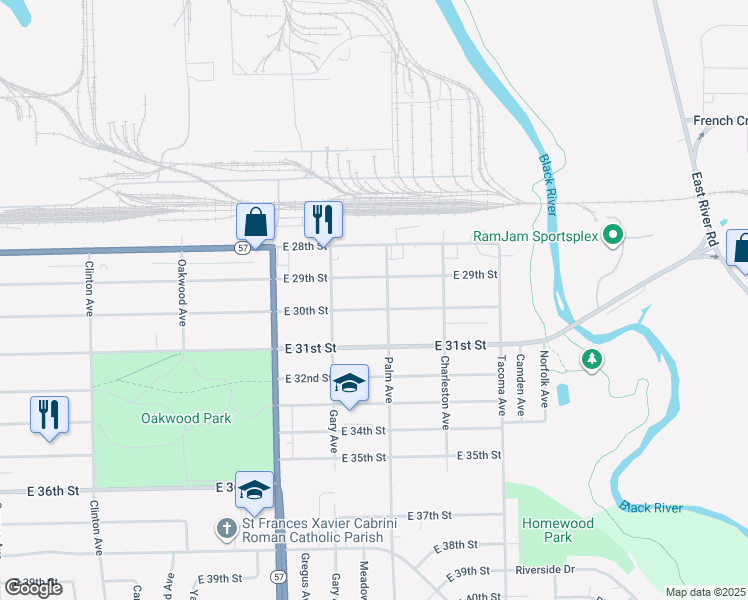 map of restaurants, bars, coffee shops, grocery stores, and more near 2337 East 30th Street in Lorain