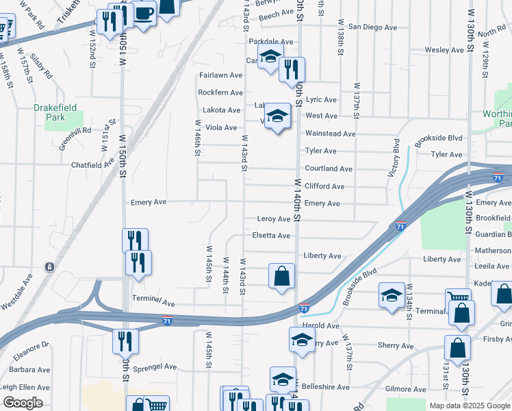 map of restaurants, bars, coffee shops, grocery stores, and more near 14209 Emery Avenue in Cleveland