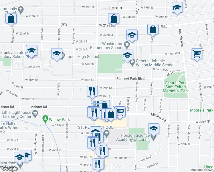 map of restaurants, bars, coffee shops, grocery stores, and more near 1124 West 29th Street in Lorain