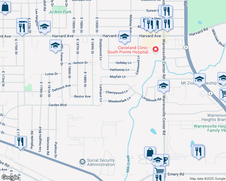 map of restaurants, bars, coffee shops, grocery stores, and more near 19400 Cherrywood Lane in Warrensville Heights