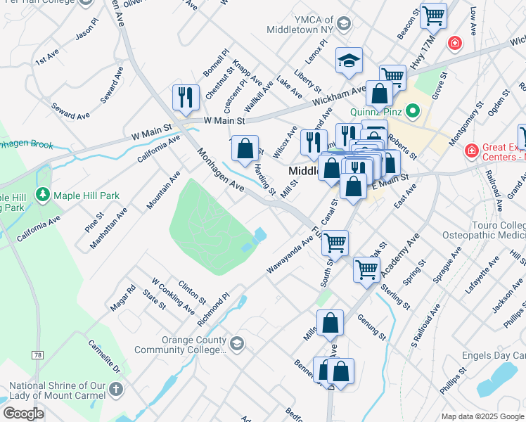 map of restaurants, bars, coffee shops, grocery stores, and more near 53 Mill Street in Middletown