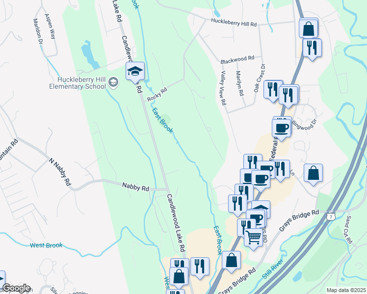 map of restaurants, bars, coffee shops, grocery stores, and more near 77 Candlewood Lake Road in Brookfield
