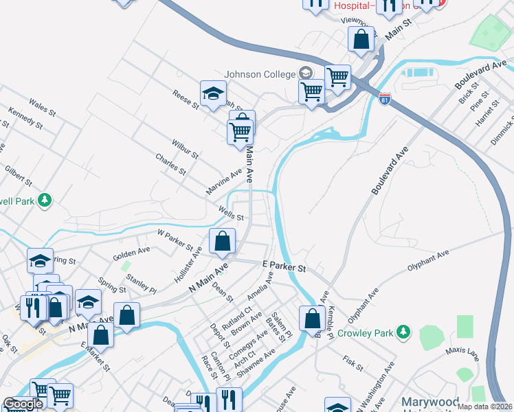 map of restaurants, bars, coffee shops, grocery stores, and more near 12 Alpha Street in Scranton