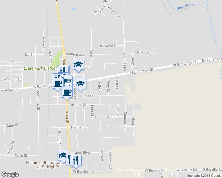 map of restaurants, bars, coffee shops, grocery stores, and more near 1367 Perry Street in Crete