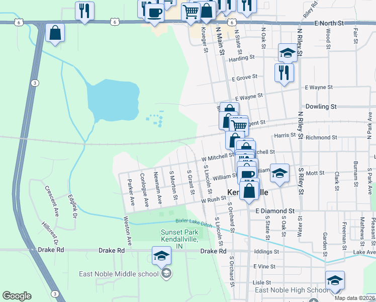 map of restaurants, bars, coffee shops, grocery stores, and more near 103 North Grant Street in Kendallville