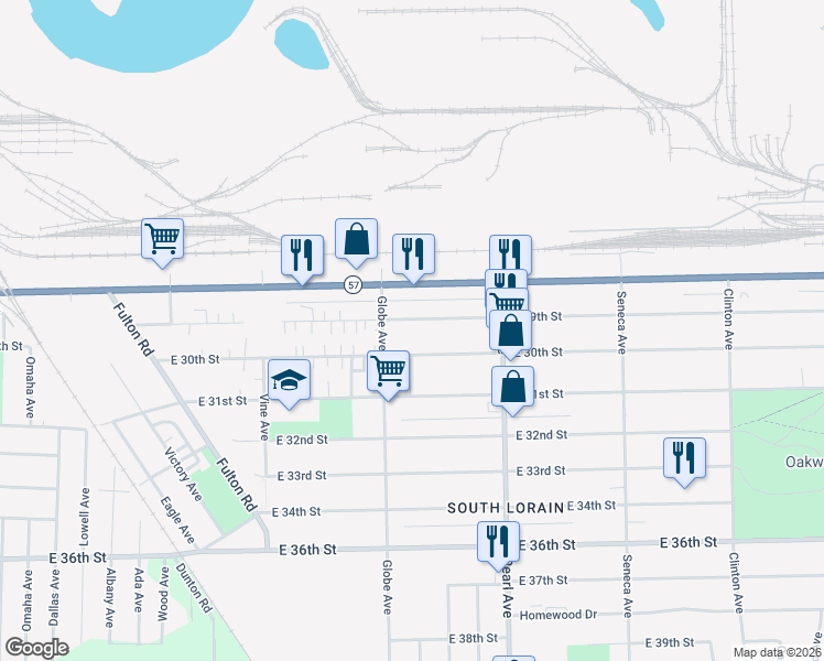 map of restaurants, bars, coffee shops, grocery stores, and more near 1725 East 30th Street in Lorain