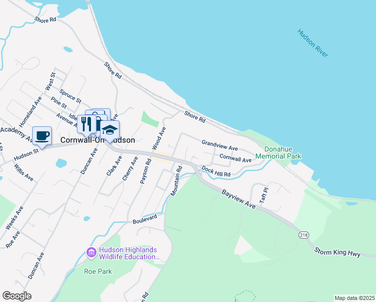map of restaurants, bars, coffee shops, grocery stores, and more near 166 Hudson Street in Cornwall