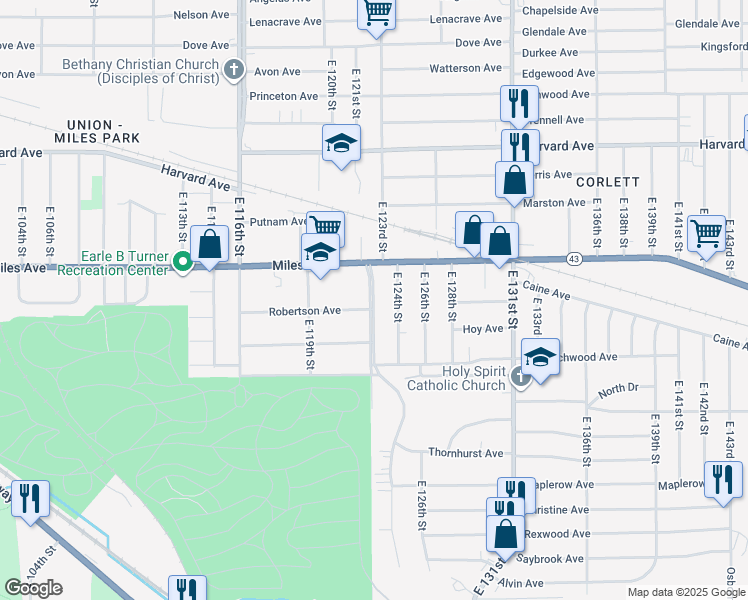 map of restaurants, bars, coffee shops, grocery stores, and more near 4271 Martin Luther King Junior Boulevard in Cleveland