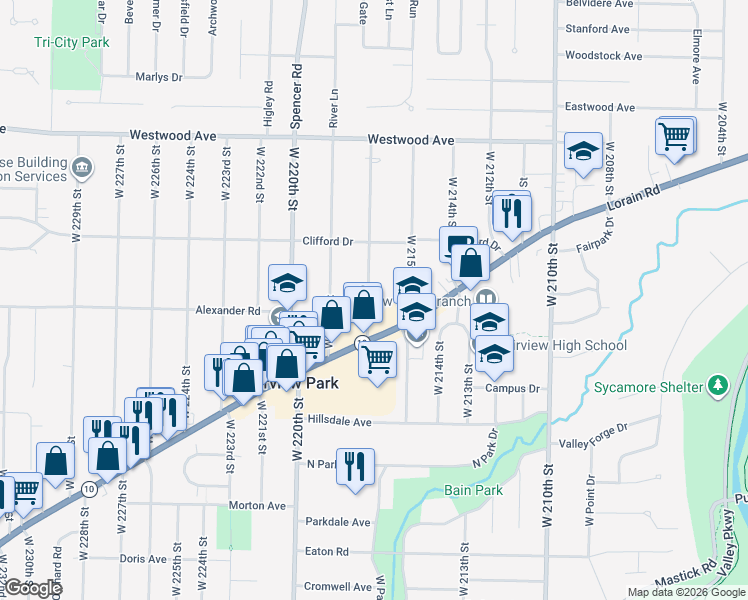 map of restaurants, bars, coffee shops, grocery stores, and more near 4364 West 217th Street in Fairview Park