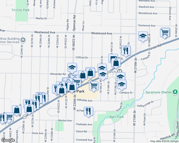 map of restaurants, bars, coffee shops, grocery stores, and more near 4364 West 217th Street in Fairview Park