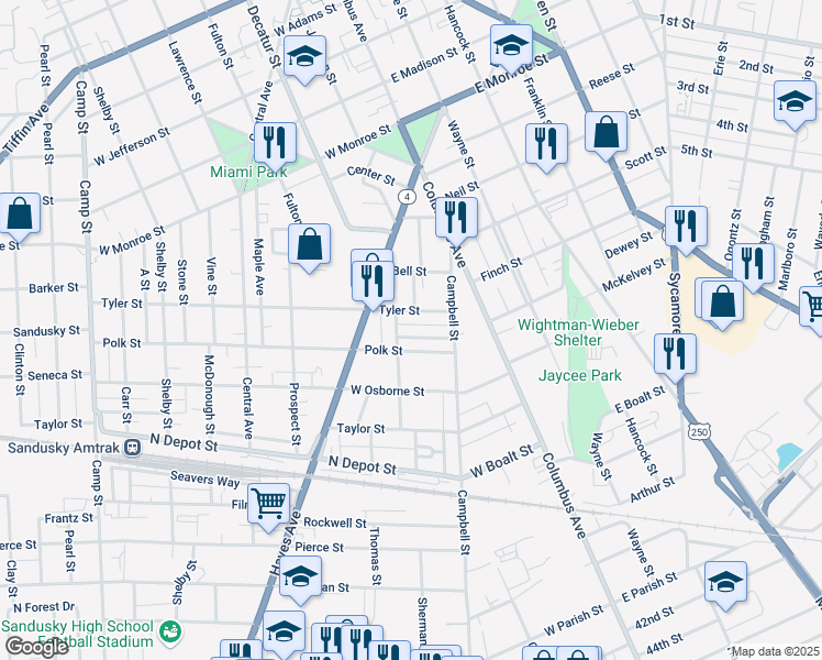 map of restaurants, bars, coffee shops, grocery stores, and more near 501 Polk Street in Sandusky