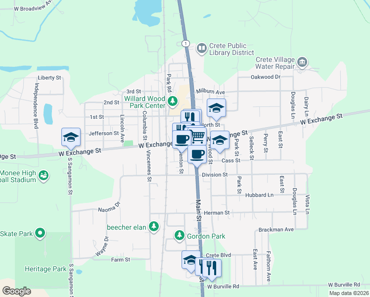 map of restaurants, bars, coffee shops, grocery stores, and more near 1380 Main Street in Crete