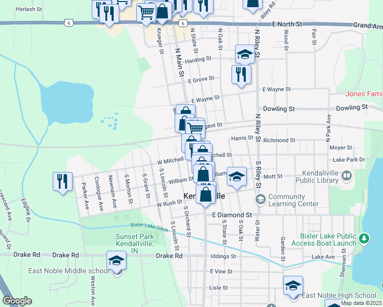 map of restaurants, bars, coffee shops, grocery stores, and more near 105 North Main Street in Kendallville