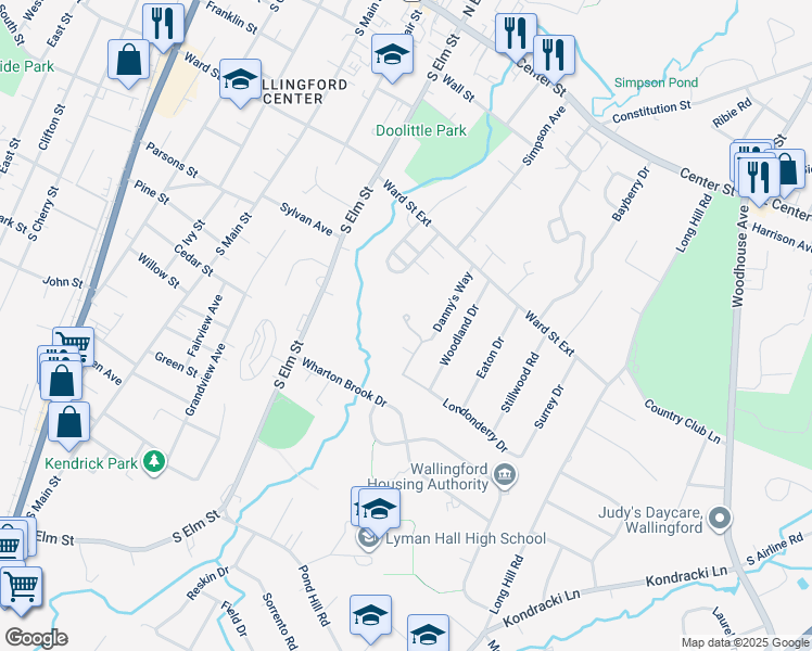 map of restaurants, bars, coffee shops, grocery stores, and more near 23 Sarah's Place in Wallingford