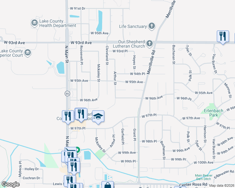 map of restaurants, bars, coffee shops, grocery stores, and more near 9600 Arthur Court in Crown Point
