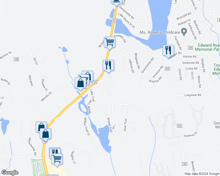 map of restaurants, bars, coffee shops, grocery stores, and more near 14 Hemlock Trail Court in Carmel
