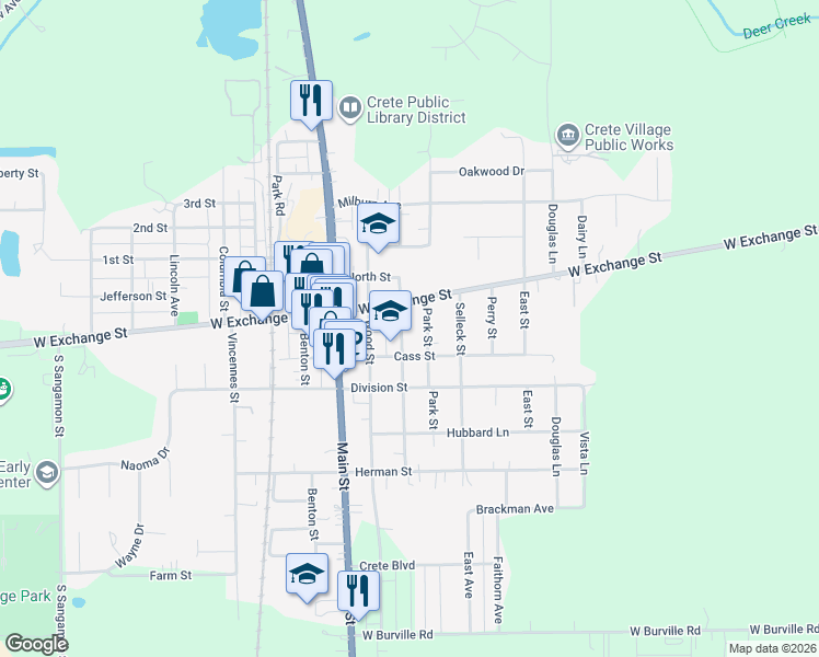 map of restaurants, bars, coffee shops, grocery stores, and more near 1381 Elizabeth Street in Crete