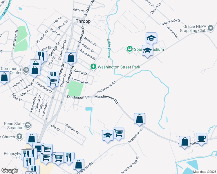 map of restaurants, bars, coffee shops, grocery stores, and more near 52 Underwood Road in Throop