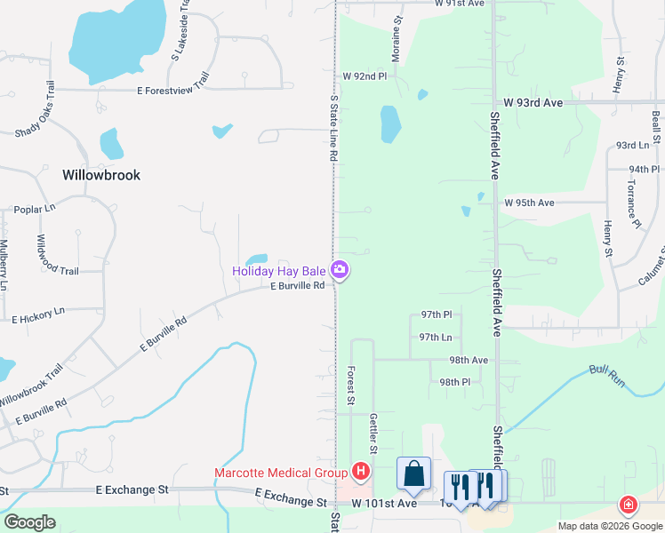 map of restaurants, bars, coffee shops, grocery stores, and more near 15000 Stateline Road in Crete