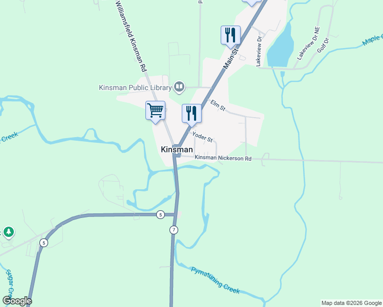 map of restaurants, bars, coffee shops, grocery stores, and more near 6424 Kinsman Nickerson Road in Kinsman