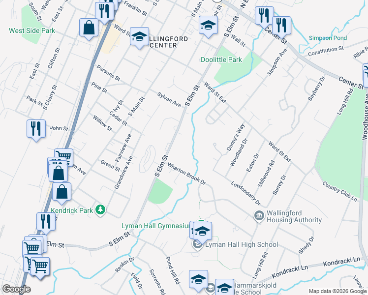 map of restaurants, bars, coffee shops, grocery stores, and more near 27c Wharton Brook Drive in Wallingford