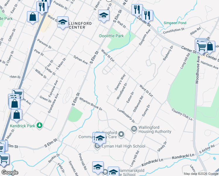 map of restaurants, bars, coffee shops, grocery stores, and more near 65 Danny's Way in Wallingford