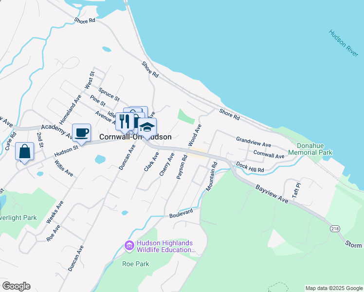 map of restaurants, bars, coffee shops, grocery stores, and more near 2 Payson Road in Cornwall-on-Hudson