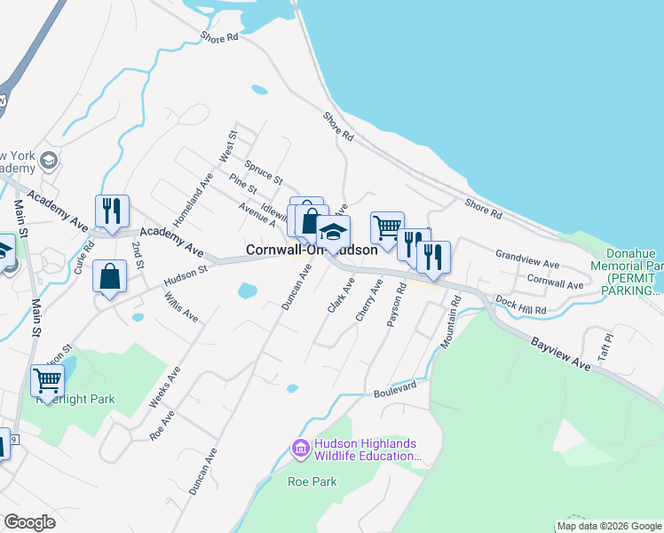 map of restaurants, bars, coffee shops, grocery stores, and more near 16 Clark Avenue in Cornwall-on-Hudson