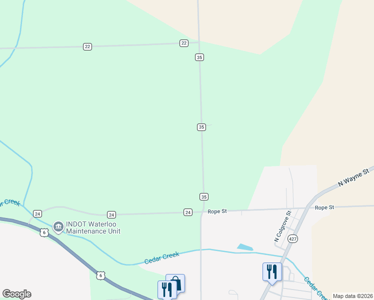 map of restaurants, bars, coffee shops, grocery stores, and more near 2382 County Road 35 in Waterloo